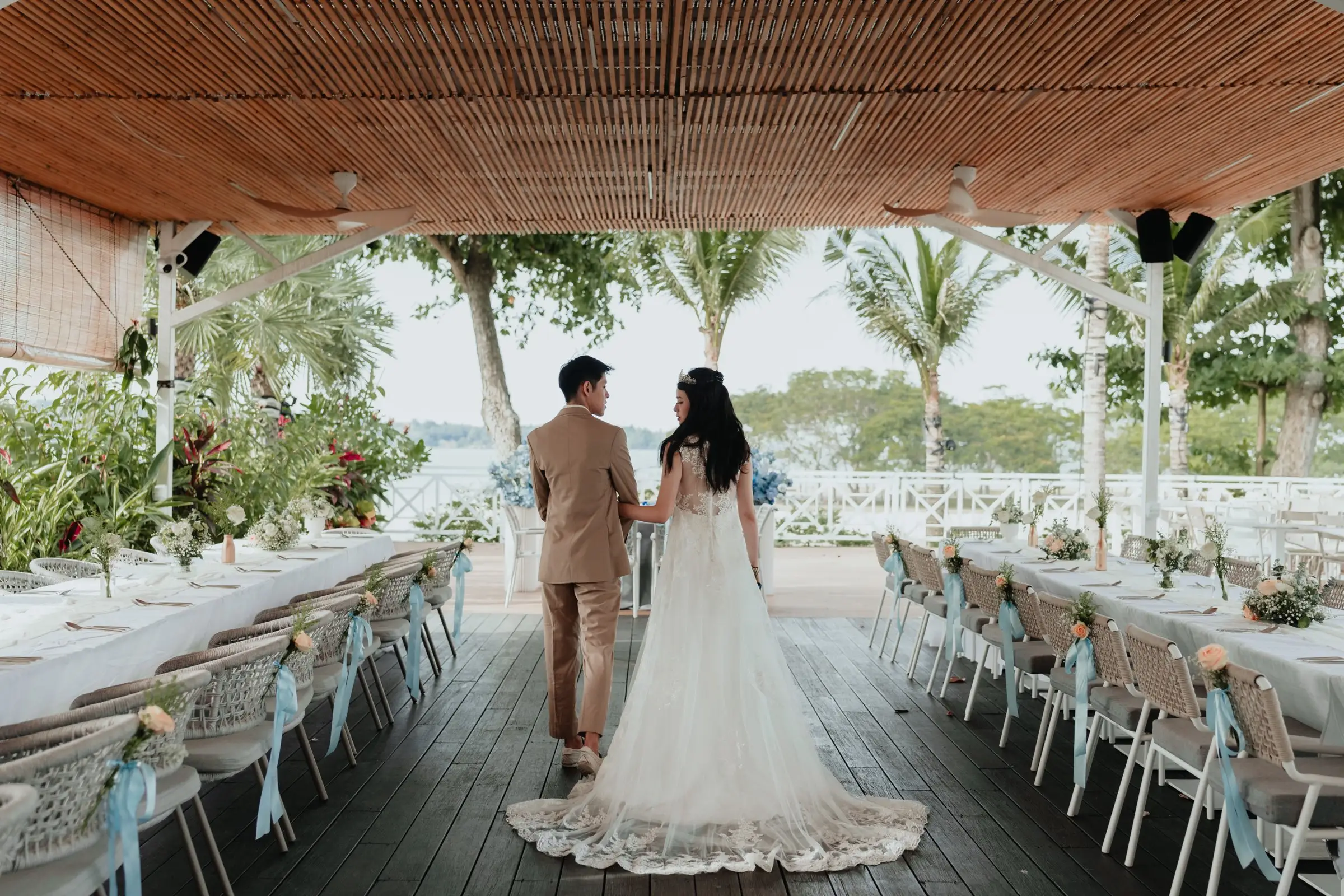 Couple at their garden and beachfront wedding at Canopy Changi Village